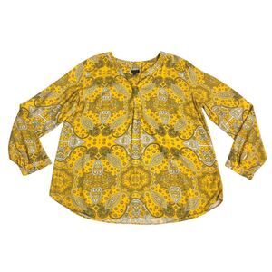 Talbots Top Women Large Yellow Paisley Boho Long Sleeve Split Neck Rayon Popover